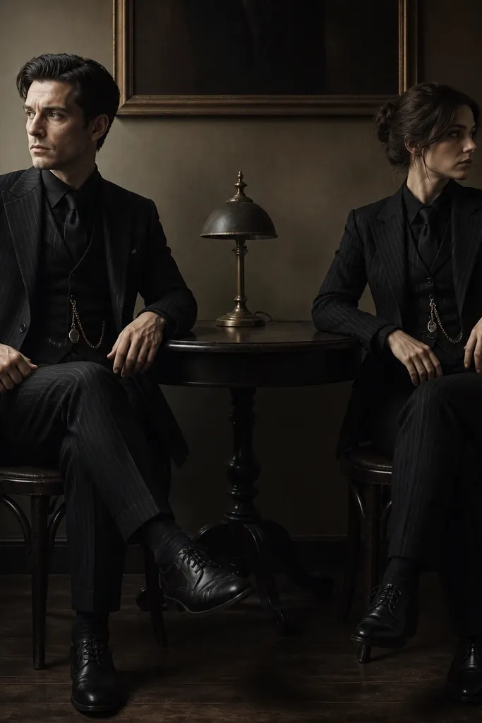 The couple sits at a small table in a dim room. Both wear black pinstripe suits with narrow lapels, black dress shirts, and black neckties. Each has a pocket watch chain visible on the vest or waistband area. Their shoes are black leather with a slight shine. They're posed like they're waiting for a message.