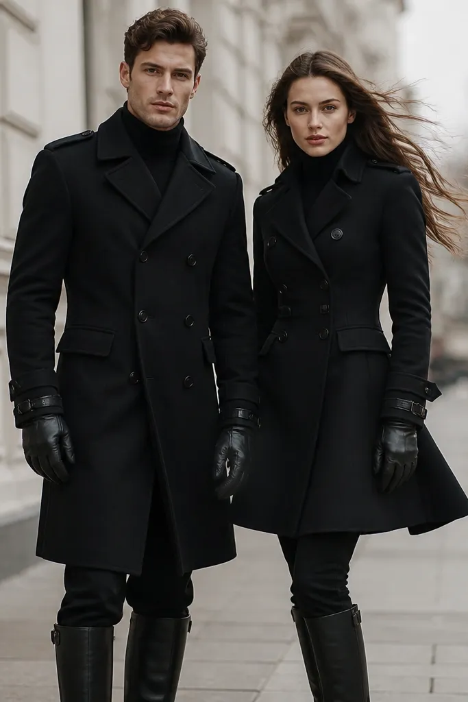 Outside on a windy sidewalk, the couple faces the camera. Both wear black military-style coats with epaulets on the shoulders and a structured collar. They have black gloves that extend to the wrist and are secured with tie straps. Under the coats are black turtlenecks. They wear black pants and tall black boots.