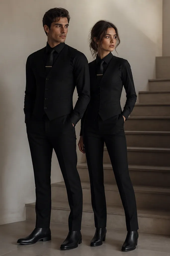 The couple stands near a staircase. Both wear black suit vests over black dress shirts, with black ties. They each have a tie clip in the same position and metal tone. The vests are fitted with a V shape at the chest. They wear black Chelsea boots and black trousers.