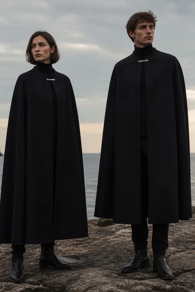 Both wear black cape-style overcoats that drape from the shoulders. The fronts are held together with small silver cloak pins near the collarbone area. They have black turtlenecks underneath and black pants. Their footwear is black boots. The cape fabric looks matte and structured, not flimsy.