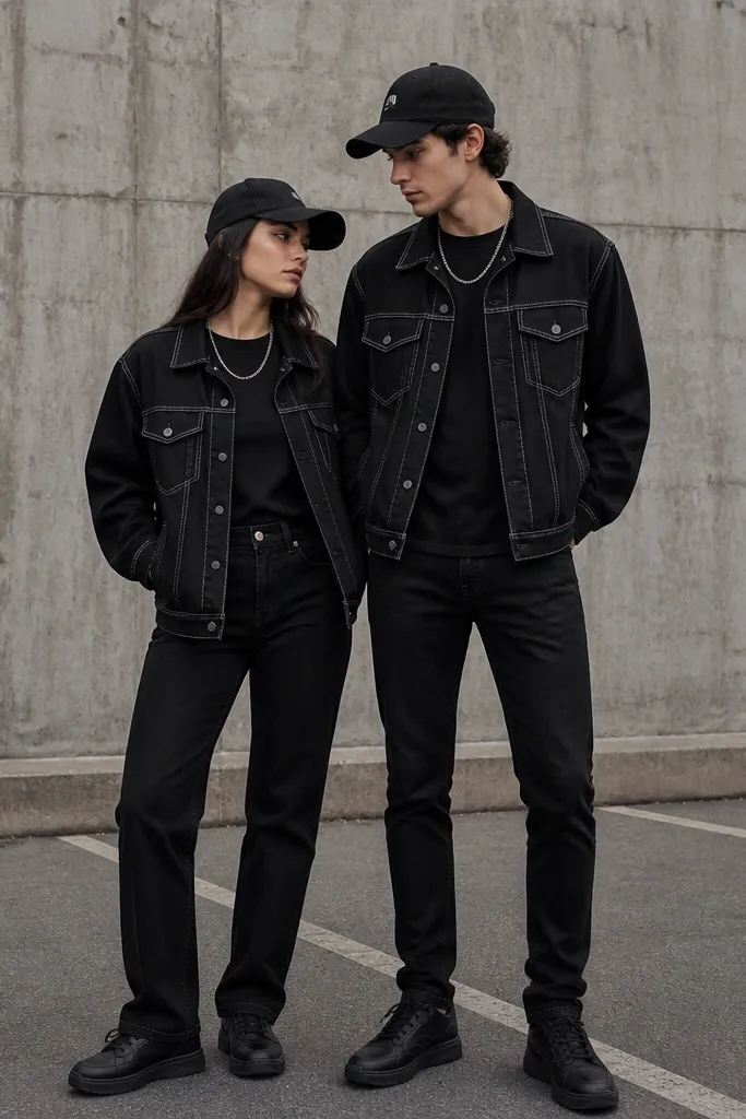 The couple poses in a parking lot with concrete walls. Both wear black denim jackets with visible white chain-stitch detailing on the seams and pockets. Underneath are black graphic-free tees. They wear black jeans and black sneakers. A short silver chain hangs at the neck on both, and both have black baseball caps.