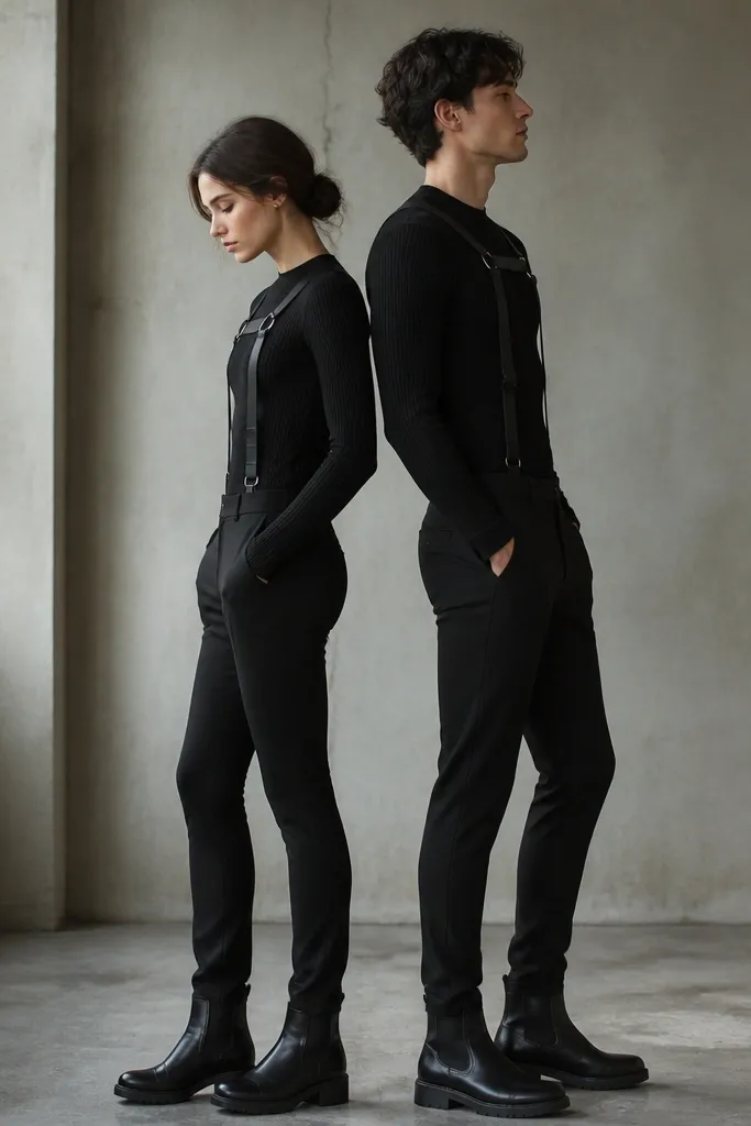 The couple stands back to back. Both wear black knit long-sleeve tops and black fitted pants. Over the top is a black harness-style strap system with two vertical straps at the chest and a horizontal band across the shoulders. They both have the same strap placement. Their shoes are black boots, and there's a small silver ring detail at the strap junction.