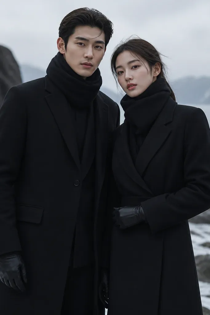The couple stands outside in cold weather. Both wear black suits with black shirts and a double-layer scarf that wraps around the neck like a collar. The scarf is black but has a subtle textured knit, visible in the folds. One partner's scarf has the ends tucked under the coat; the other matches the tuck. They wear black gloves and black boots.