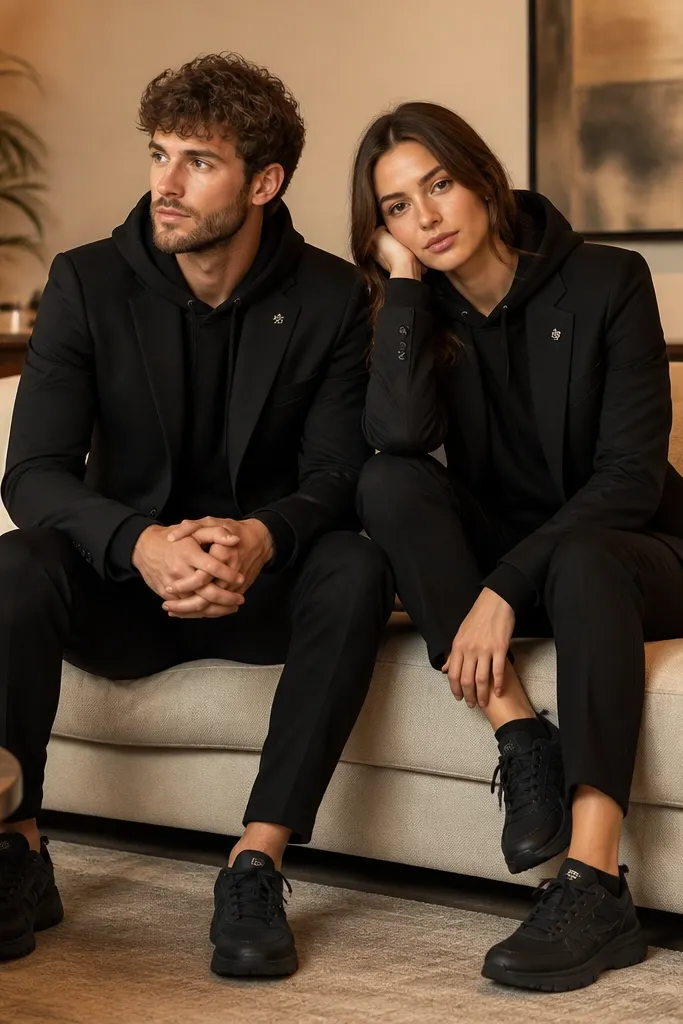 In a living room with warm lighting, the couple wears black suit jackets over black hoodies. Both jackets have a similar slim fit and matching lapel shape. The hoodies show at the neckline and the sleeves peek out slightly. They wear black trousers and black sneakers. Each has a small silver pin on the lapel.
