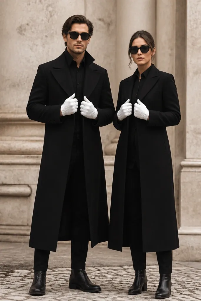 The couple poses with their hands raised slightly. Both wear black long coats and black shirts, and each has white gloves. Their gloves are visible at chest level and match in style. They also have black sunglasses. Their trousers are black and their shoes are black boots.
