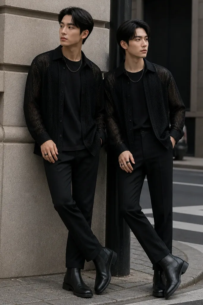 At a street corner, both wear black mesh overshirts layered over plain black crewnecks. The mesh has a subtle grid pattern visible in the light. They pair it with black pants and black boots. Each has a short black chain necklace visible at the collar. Their hair is styled neatly and both wear black rings.