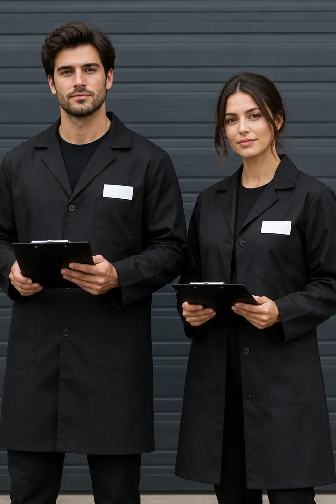 The couple stands in front of a garage door. Both wear black lab coats with long sleeves and matching black buttons. They have white name tape on the chest area with the same placement on both coats. Underneath are black shirts and black pants. They're holding a small black clipboard prop.