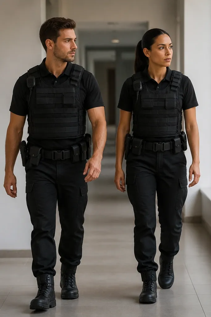 The couple walks down a hallway. Both wear black collared security shirts with matching tactical vests. Each has a small shoulder radio accessory on the strap area. They wear black cargo-style pants and black boots. A black belt with multiple small pouches is visible on both, and their vests look the same cut.