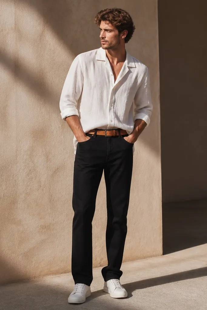 A man wearing matte black straight-leg jeans with a loose chalk-white linen camp shirt. Sleeves are rolled to mid-forearm, shirt is half-tucked, and he wears clean white leather low-top sneakers with a tan leather belt.