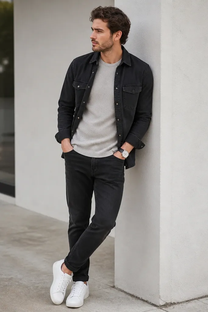 A man in black jeans layered with a light gray waffle-texture crew tee. Over it, he wears an open black denim shirt with visible seams, and he pairs the look with white sneakers and a simple silver watch.