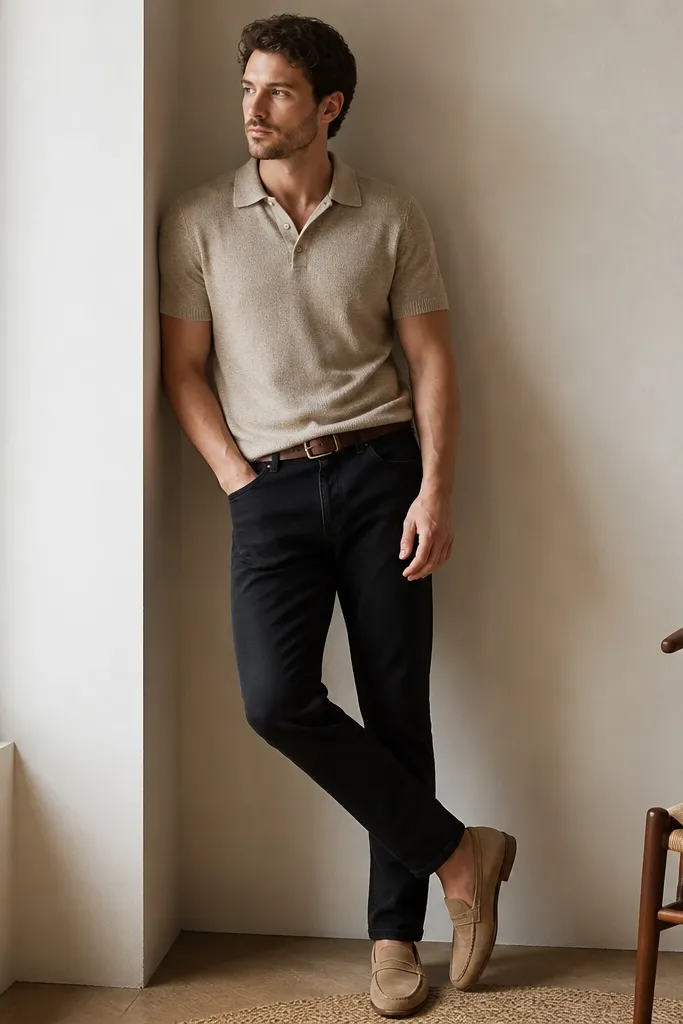 A man in matte black jeans wearing an oatmeal knit polo shirt. He has on tan suede loafers, a dark brown belt, and the polo collar sits neatly with the top button open.