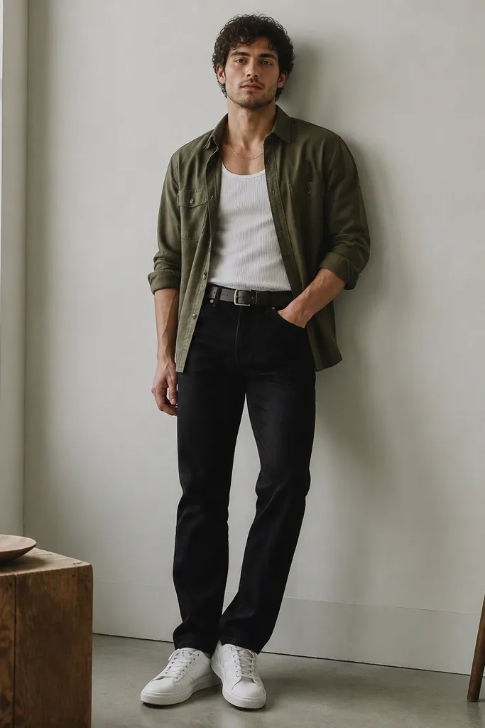 A man wears black jeans with a white ribbed tank. Over it, he has an open olive overshirt and a thin gold chain, plus white sneakers and a dark belt.