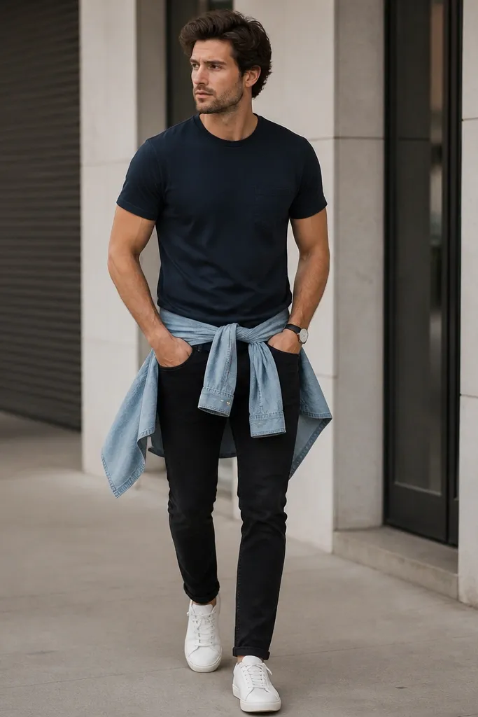 A man wears a navy crew tee and black jeans. A light chambray button-down is tied around his waist, and he wears white sneakers and a simple watch.