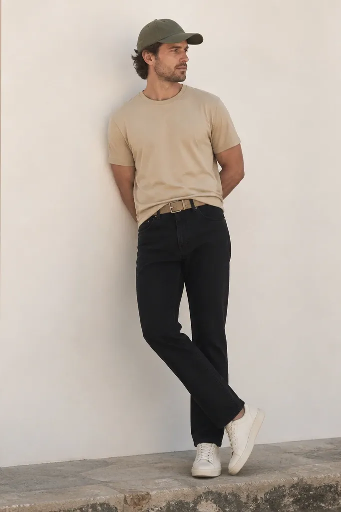 A man wears a sand-beige short-sleeve camp tee with black jeans and a dark olive baseball cap. He has on white sneakers and a light tan canvas belt.