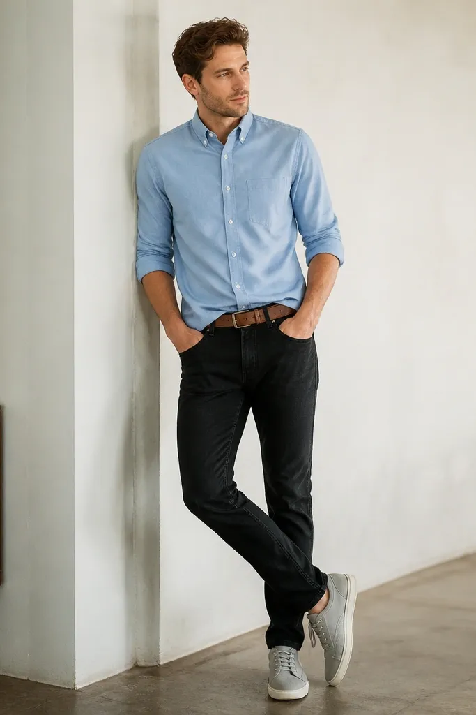 A man in black jeans wearing a pale blue Oxford button-down. Sleeves are rolled to the elbow, the shirt is tucked in front, and he wears light gray sneakers with a brown belt.