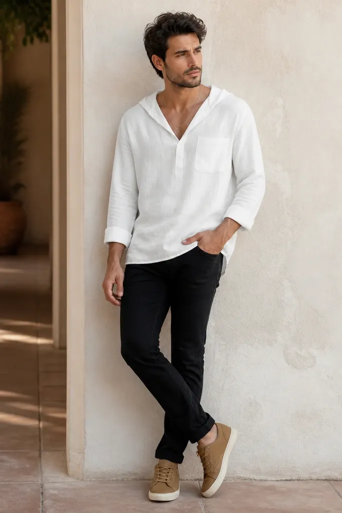 A man wears black jeans with a white linen-blend hoodie-style shirt. The hood sits flat, there's no heavy drawstring bulk, and he's in tan sneakers with a simple chain.