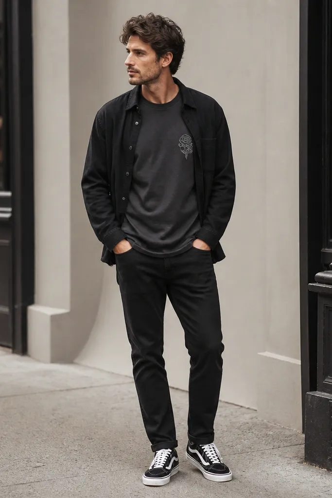 A man wears a charcoal gray graphic tee with black jeans and a tonal black overshirt. The overshirt is open, the tee has a small chest print, and he wears black-and-white sneakers.