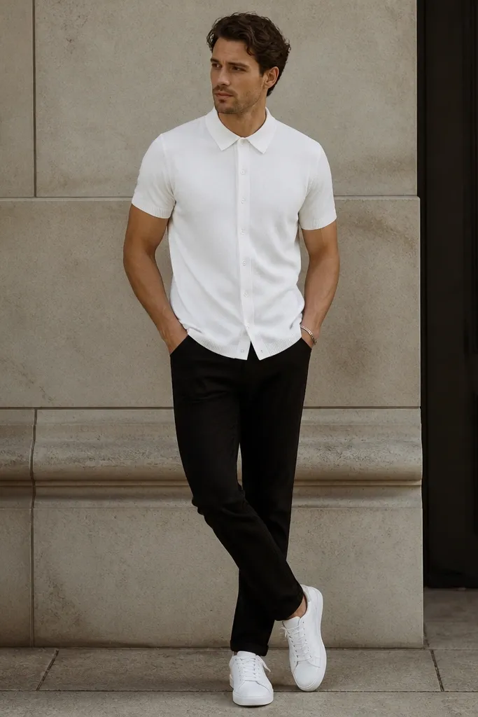 A man wears a white short-sleeve button knit (like a lightweight polo shirt) with black jeans and crisp white sneakers. The shirt is buttoned to one above the collar and looks smooth and breathable.