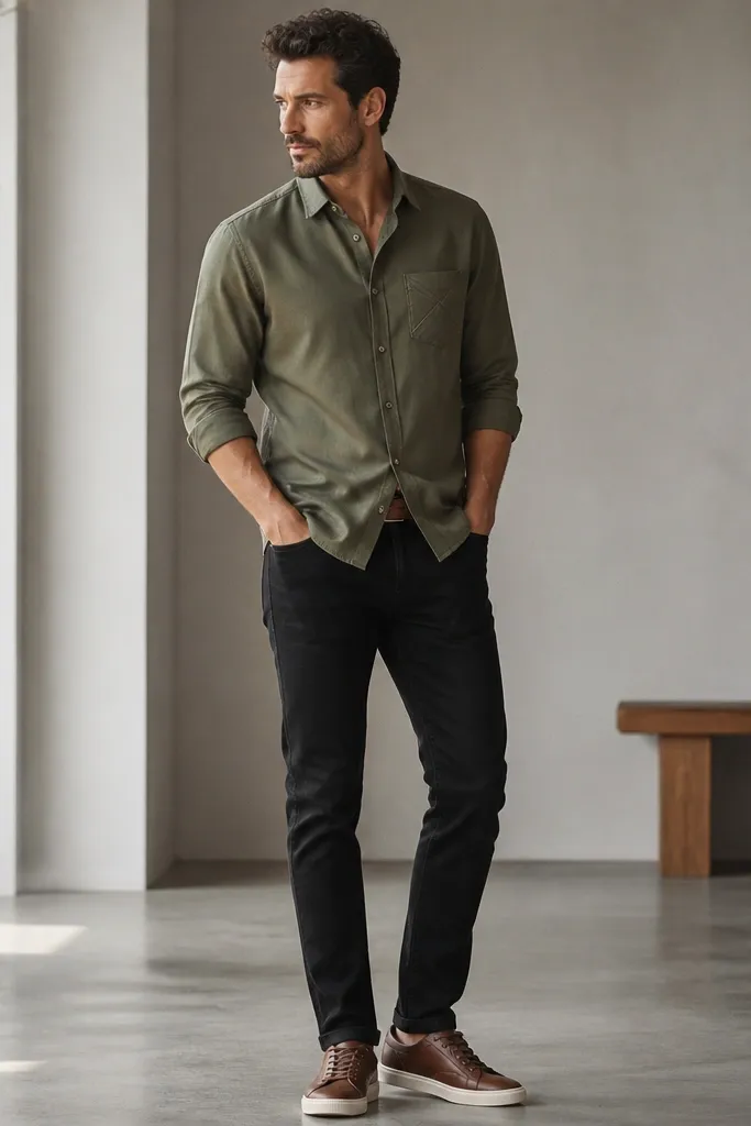 A man wears black jeans with an olive tencel shirt. The shirt has a diagonal chest pocket, it's worn untucked, and he's in brown leather sneakers with a matching belt.