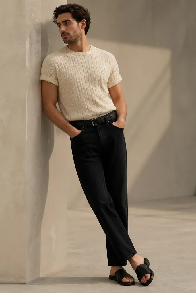 A man wears black jeans with a cream cable-knit tee. The sleeves are rolled once, and he wears black leather slides and a black belt.