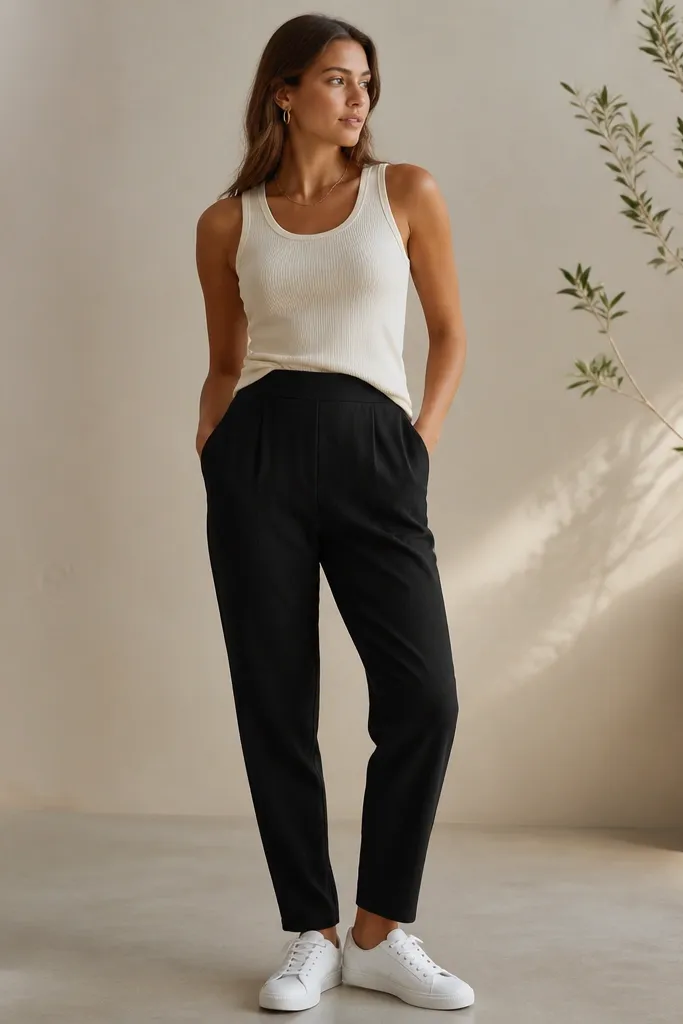 A model wearing black linen tapered pants with a high waist. The top is a cream ribbed tank tucked slightly at the front, with a smooth waistband line. White leather low-top sneakers sit cleanly at the ankle. Accessories include a thin gold chain and small hoop earrings.