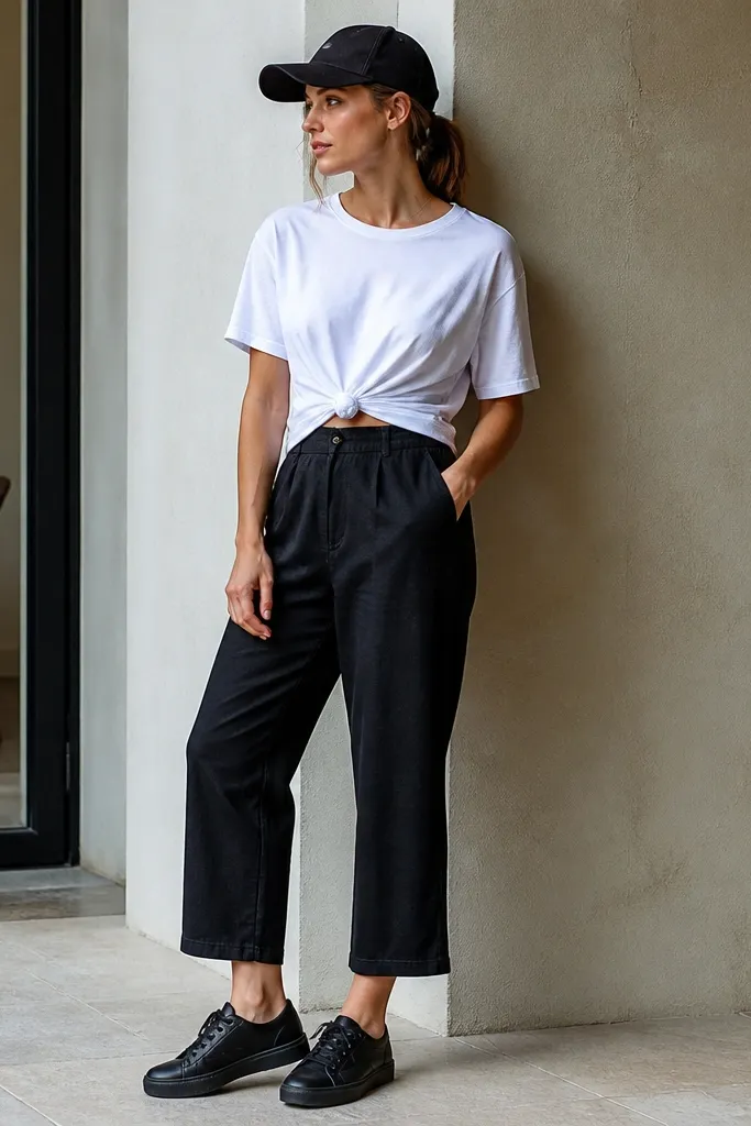 Black linen pants with a cropped hem showing the ankle. A white oversized t-shirt is knotted at the waist, creating a gathered front. Black canvas sneakers and a black baseball cap complete the casual look.
