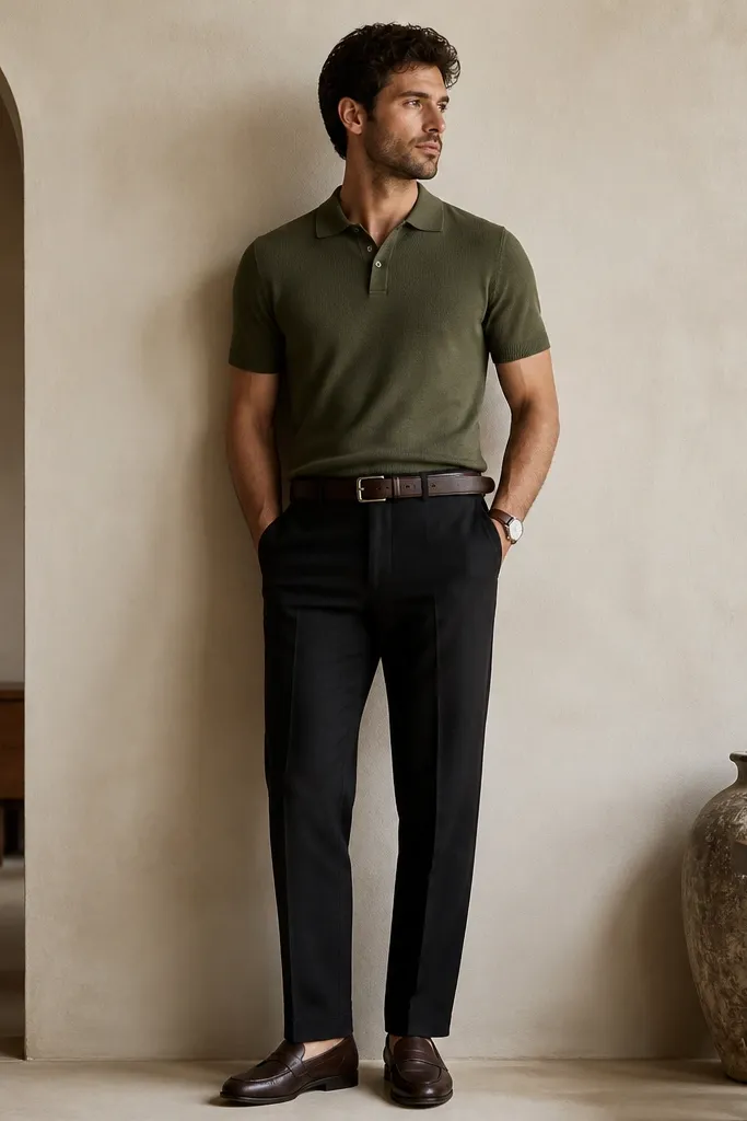 Straight-leg black linen pants with a clean crease. An olive knit polo sits snug at the chest and relaxes through the waist. Espresso brown leather loafers and a simple leather belt match. A watch with a brown strap is visible.