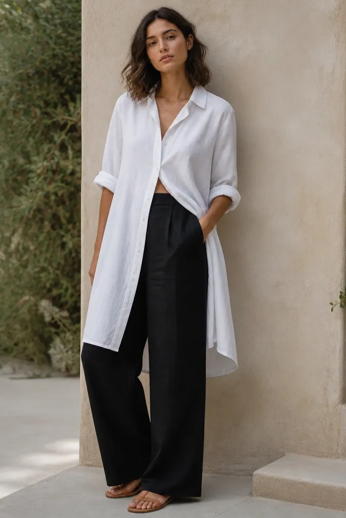 Black linen pants under a white linen-cotton shirt dress worn open like a tunic. The shirt dress has a collar and subtle buttons, with sleeves rolled to the forearm. The model wears tan leather sandals and a thin gold necklace.
