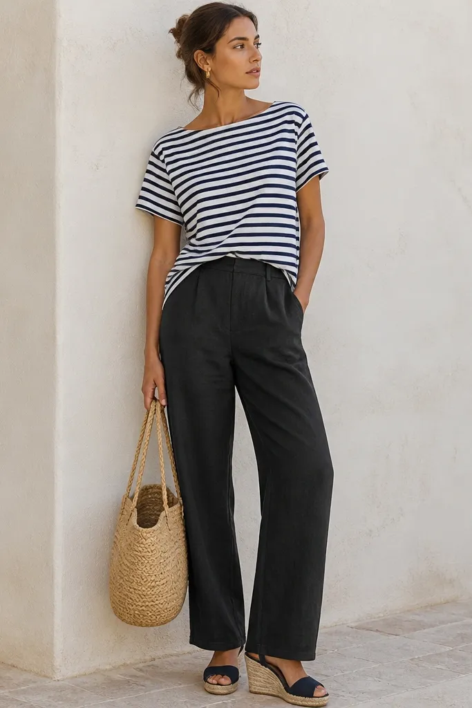 Black linen pants with a relaxed straight fit. A navy and white striped Breton tee is tucked at the front. Navy espadrille wedges add height. Small gold hoop earrings and a woven straw bag sit by the model's side.