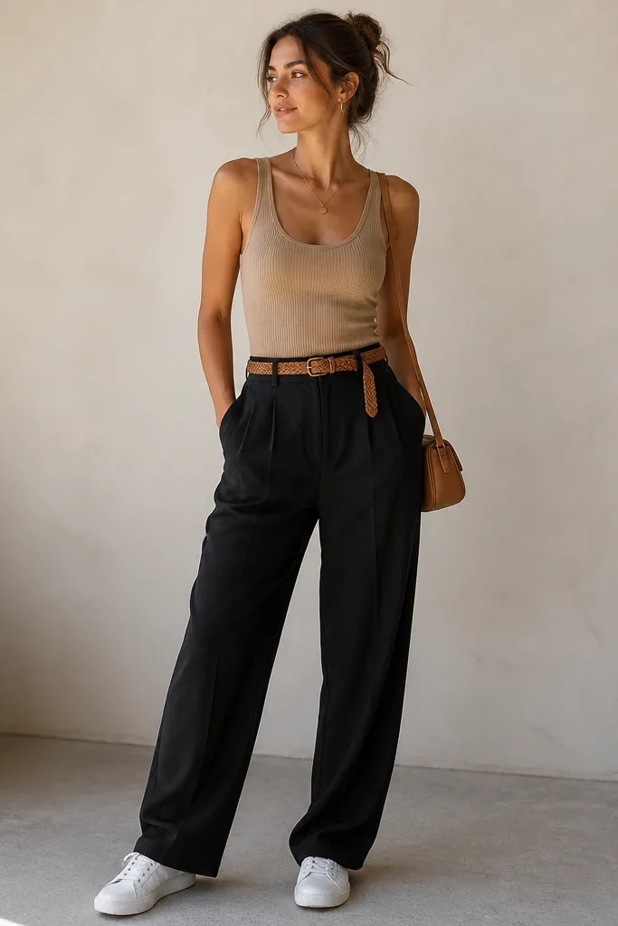 Tan ribbed tank tucked into black linen pants. A light brown braided belt wraps the waist. White sneakers and a small crossbody bag in tan sit at the model's side.