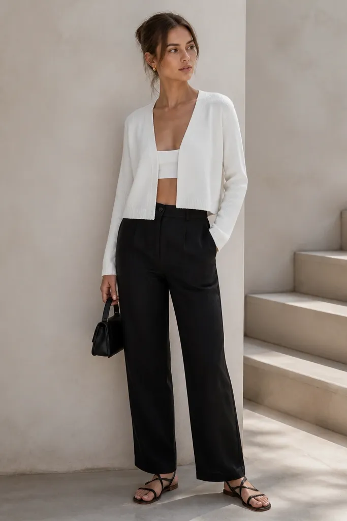 Black linen pants with a straight leg. A white cropped cardigan hangs open, ending around the high hip. Black strappy sandals show bare feet. A black mini bag and small gold earrings complete the look.