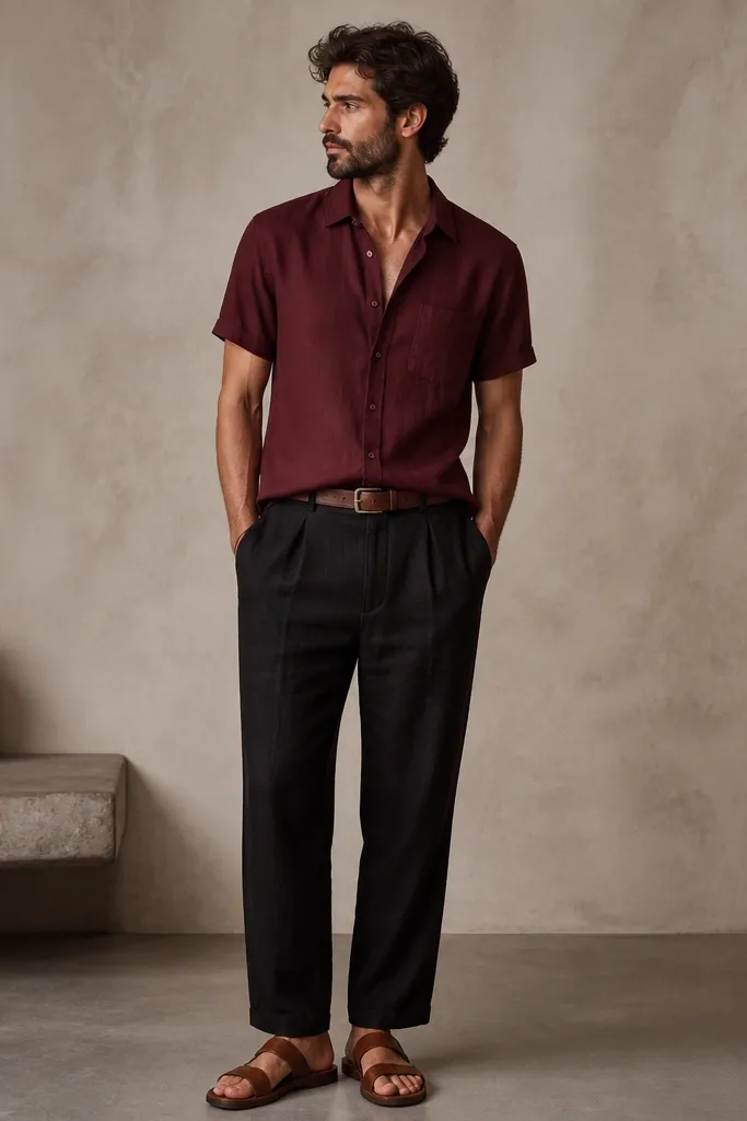 Black linen pants paired with a burgundy short-sleeve button shirt. The shirt is tucked at the front and slightly open at the collar. Brown leather sandals and a brown leather belt are visible.