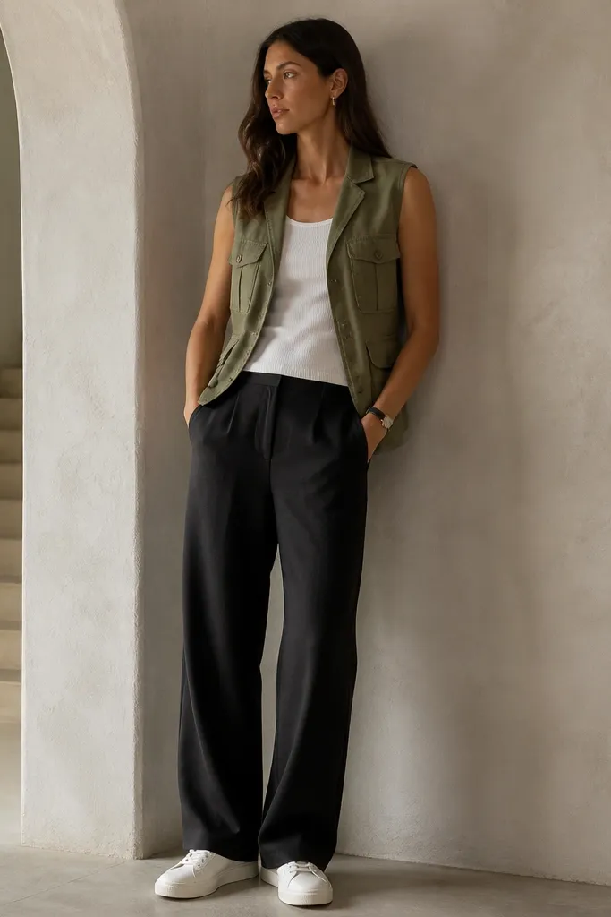 Black linen pants with a relaxed straight fit. A white tank is worn under an olive utility vest with pockets. The model wears clean white sneakers and a simple watch.