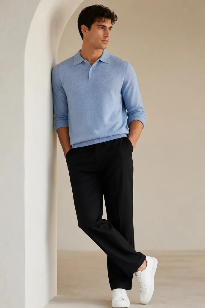 Black linen pants paired with a light blue knit polo. The polo is buttoned to the top with a relaxed fit, sleeves rolled to the forearm. White sneakers with low profile and a thin silver chain are shown.