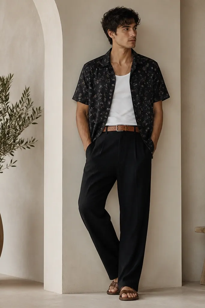 Black linen pants with a relaxed fit. A short-sleeve camp shirt with a subtle pattern (small florals or abstract shapes) is worn open over a plain tank. A tan leather belt and brown sandals show through at the waist and ankle.