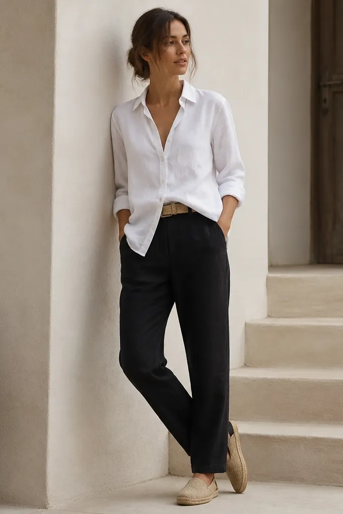 Black linen pants with a straight fit. A crisp white button-up is worn with rolled sleeves and left untucked. Espadrille flats in natural jute with a thin sole are worn, plus a woven belt.