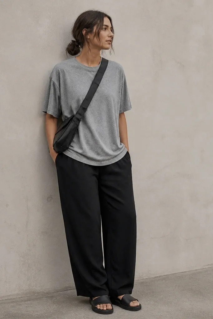 Black linen pants with a relaxed fit. A heather gray t-shirt is worn slightly oversized and untucked. Black slide sandals and a black crossbody bag are shown across the torso.