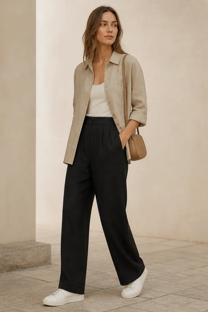Black linen pants paired with a sand-colored linen shirt jacket worn open. The jacket has a collar and visible buttons, with sleeves rolled slightly. White sneakers and a small tan shoulder bag appear in the frame.
