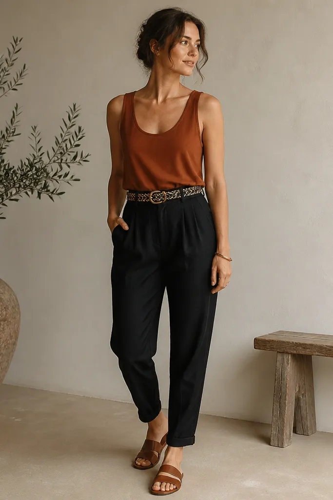 Black linen pants with a tapered leg. A rust-colored tank is tucked neatly with a defined waistband line. A black-and-gold woven belt wraps the waist. Cognac leather sandals and a gold bracelet finish the look.