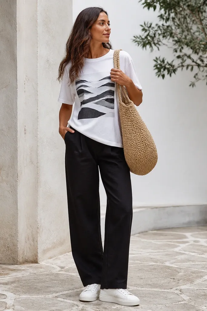 Black linen pants with a relaxed straight fit. A white graphic tee is worn untucked. A natural raffia tote bag hangs from the shoulder, and white sneakers complete the look.