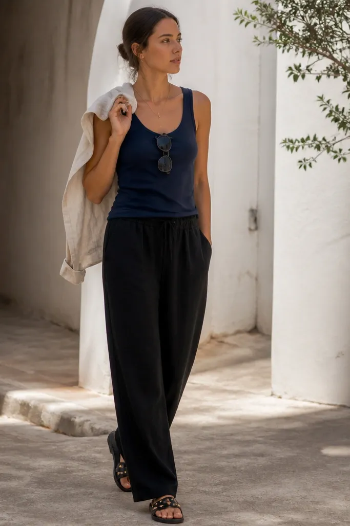 Black linen pants paired with a navy tank. The model wears gold-detailed slide sandals and has a light linen-cotton shirt draped over the shoulder. A small gold necklace and sunglasses sit at the collarbone area.