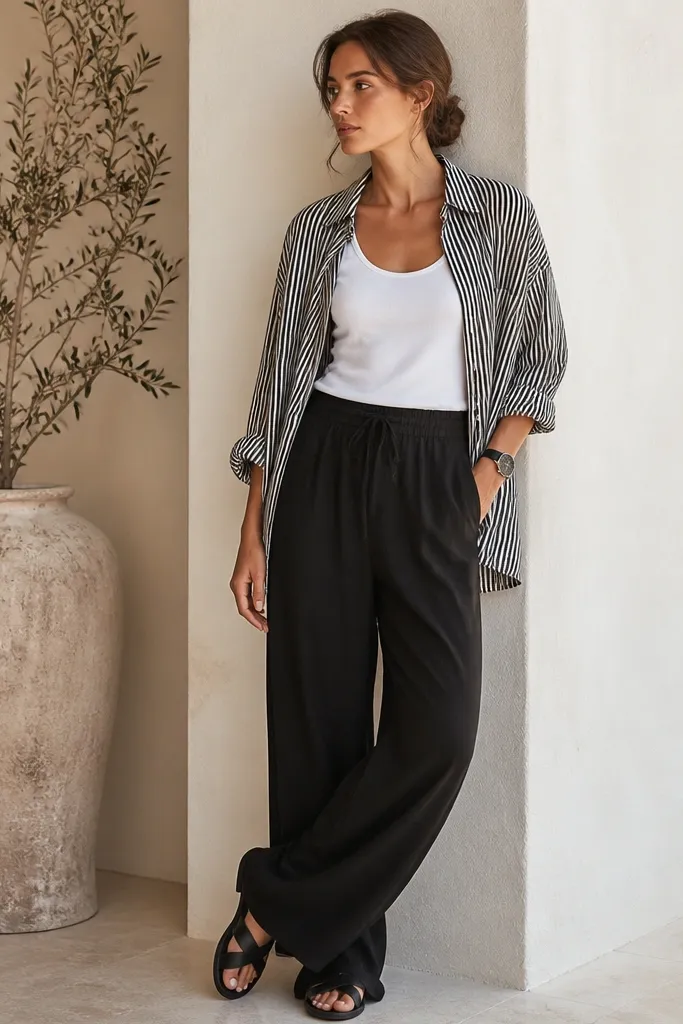Black linen pants with a relaxed fit. A white tank sits underneath. Over it, an oversized black-and-white striped button shirt is worn open with sleeves rolled. The model wears black sandals and a black watch.