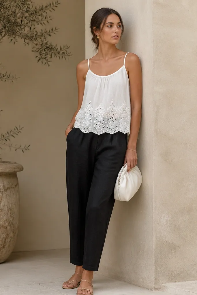 Black linen pants with a tapered leg. A white eyelet camisole sits over the waistband area, slightly sheer with scalloped edges. Nude leather sandals and a small white clutch are visible.