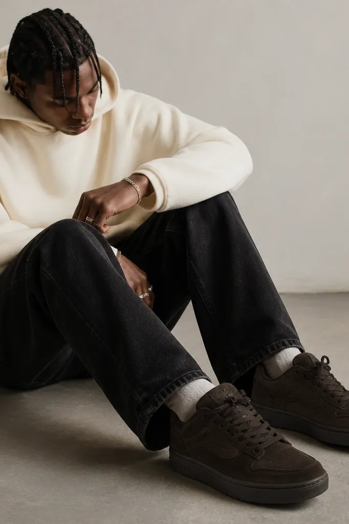 A pair of Travis Scott-style sneakers in deep cocoa brown suede with visible stitching and a thick sole, shown on a neutral floor. The laces are dark and the toe has a soft, slightly matte suede nap. The outfit pictured includes a cream hoodie and dark straight-leg jeans with a clean ankle break.