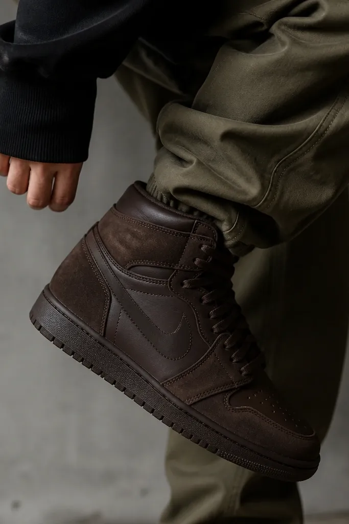 A darker espresso-brown high-top sneaker with a darker outsole and visible panels, shown with a black hoodie sleeve and olive pants. The photo highlights the shoe collar and the contrast between the dark upper and the lighter green pant.