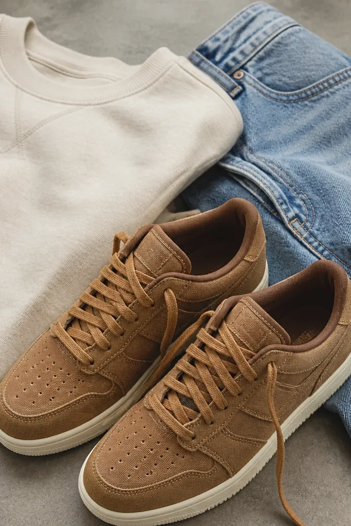 Travis Scott-style sneakers in a caramel brown canvas with visible weave texture, shown next to a cream-oatmeal crewneck and light-to-mid washed blue jeans. The laces look tan, and the outsole is off-white.