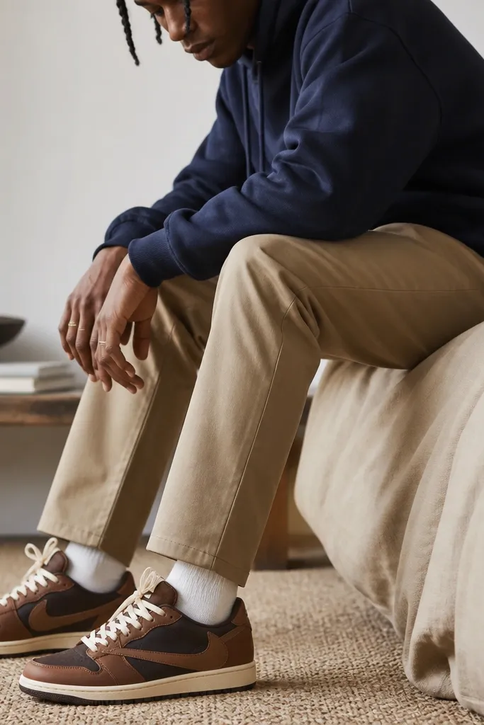 A saddle-brown leather Travis Scott-style sneaker with a smoother shine than suede, shown with a navy hoodie and tan chinos. The photo focuses on the leather's warm sheen and the clean chino taper at the ankle.