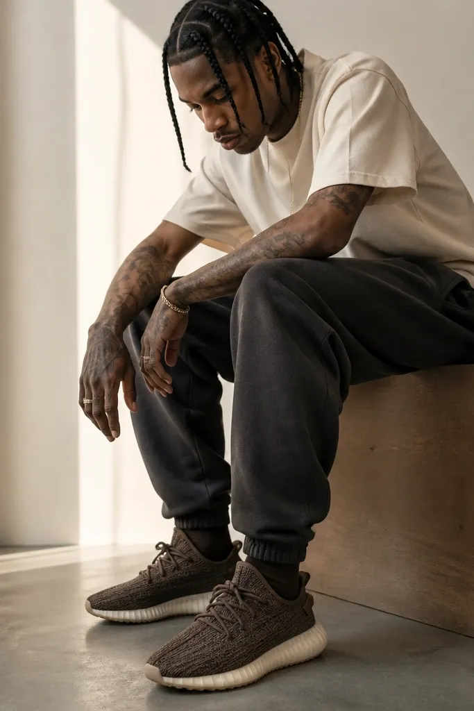 Travis Scott-style sneakers with a dark brown knit or textured upper, photographed with a cream T-shirt and charcoal joggers. The knit looks slightly patterned, and the outsole is light.