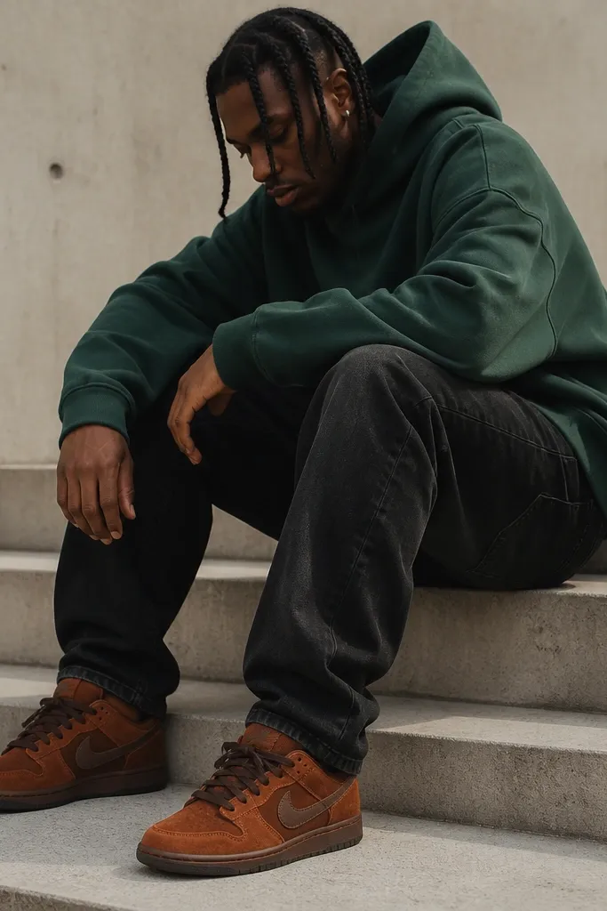 Rust-brown suede Travis Scott-style shoes with a warm, slightly reddish-brown tone, shown with a forest green hoodie and black denim. The suede nap catches light along the toe box.