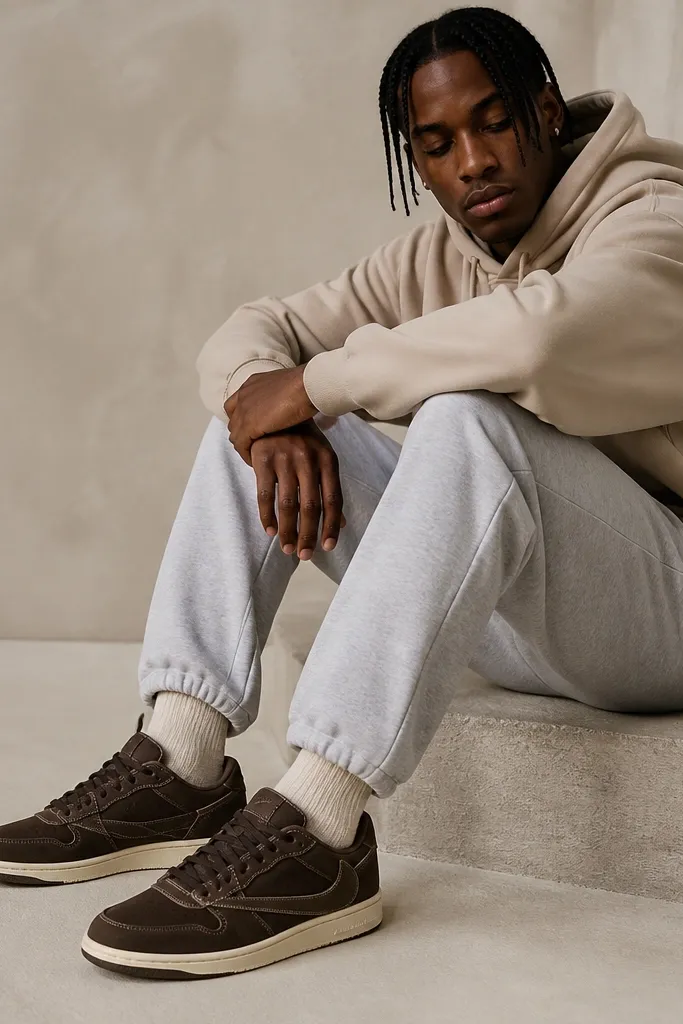 Chocolate brown Travis Scott-style sneakers with visible contrasting stitching, shown with an oatmeal hoodie and light gray sweatpants. The outsole looks off-white, and the socks are oatmeal-toned.